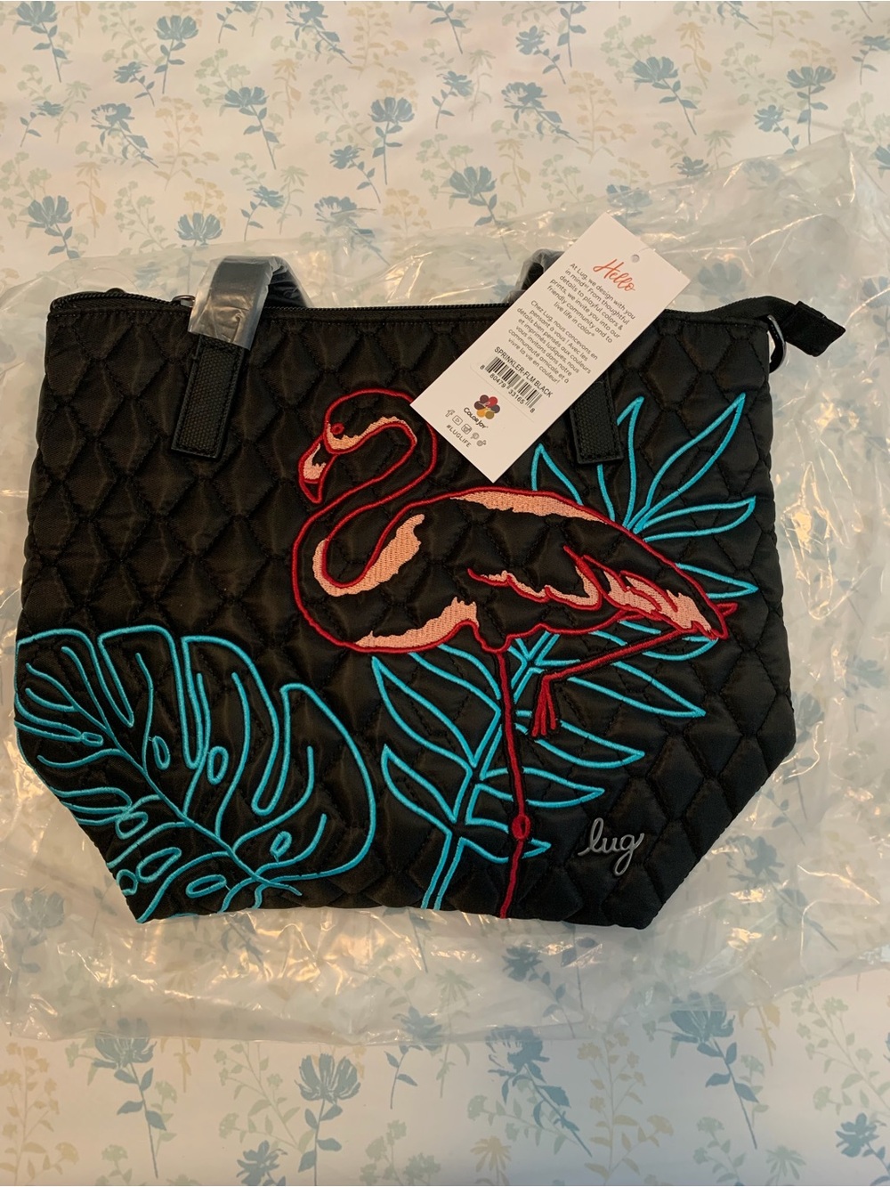 Lug Sprinkler Black Crossbody Bag with Pink Flamingo & Teal Leaf Embroidery